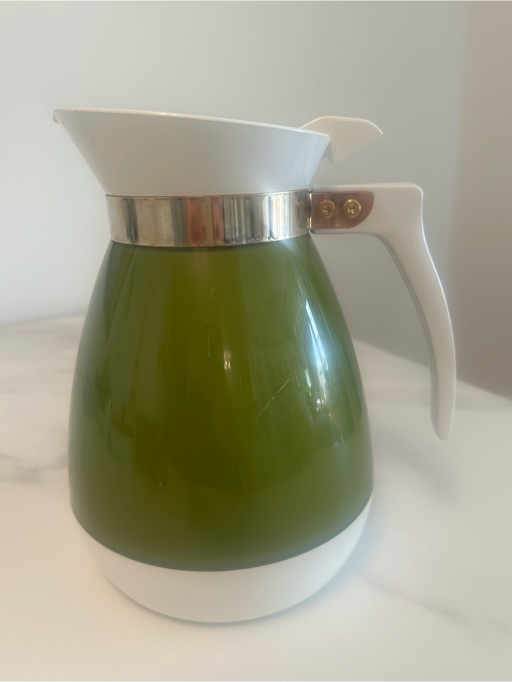 Vintage Olive Green and White Insulated Thermal Carafe with Easy-Pour Spout